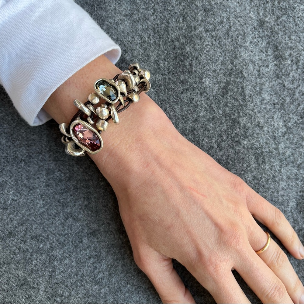 Uno de 50 Silver & Leather Crystal Bracelet